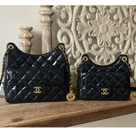 Chanel Shiny Crumpled Calfskin Hobo Bag Blue AS3690