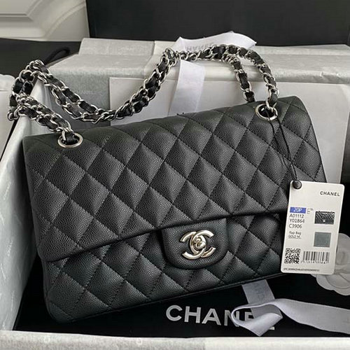 Classic Chanel Medium Flap Bag Black with Silver CF1112