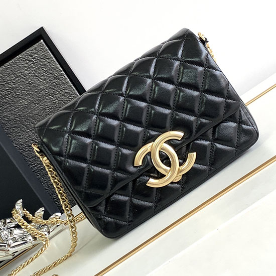 Chanel Lambskin Flap Shoulder Bag Black AS3855