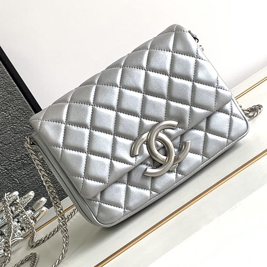Chanel Lambskin Flap Shoulder Bag Silver AS3855