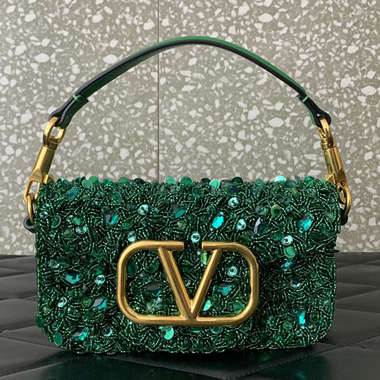 Valentino Small Loco Shoulder Bag With 3D Embroidery Green V5035