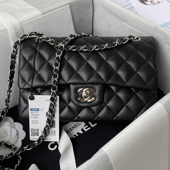 Small Classic Chanel Flap Handbag Black with Silver A01113