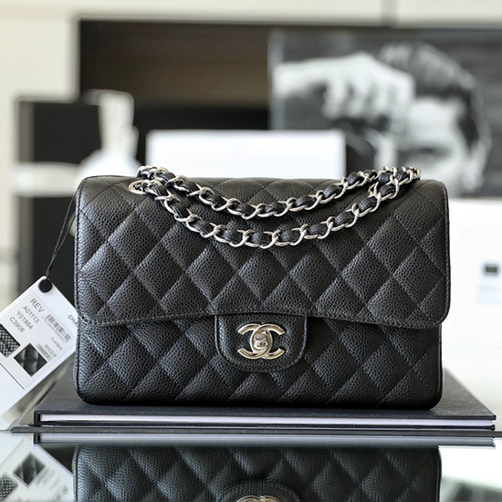 Small Classic Chanel Caviar Leather Flap Bag Black with Silver A01113