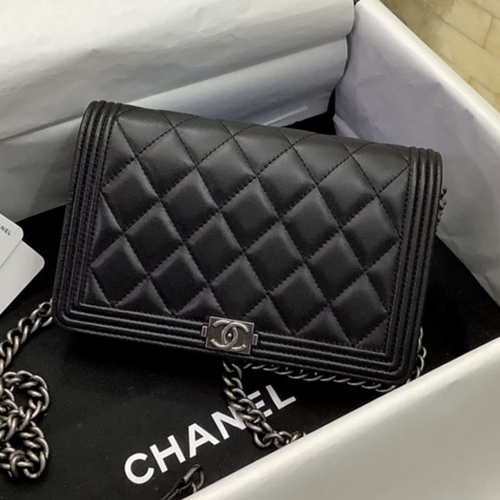 Chanel Lambskin Quilted Boy Wallet Black with Silver Metal A80389