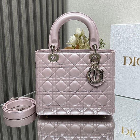 Medium Lady Dior Lambskin Bag Shiny Pink D2454